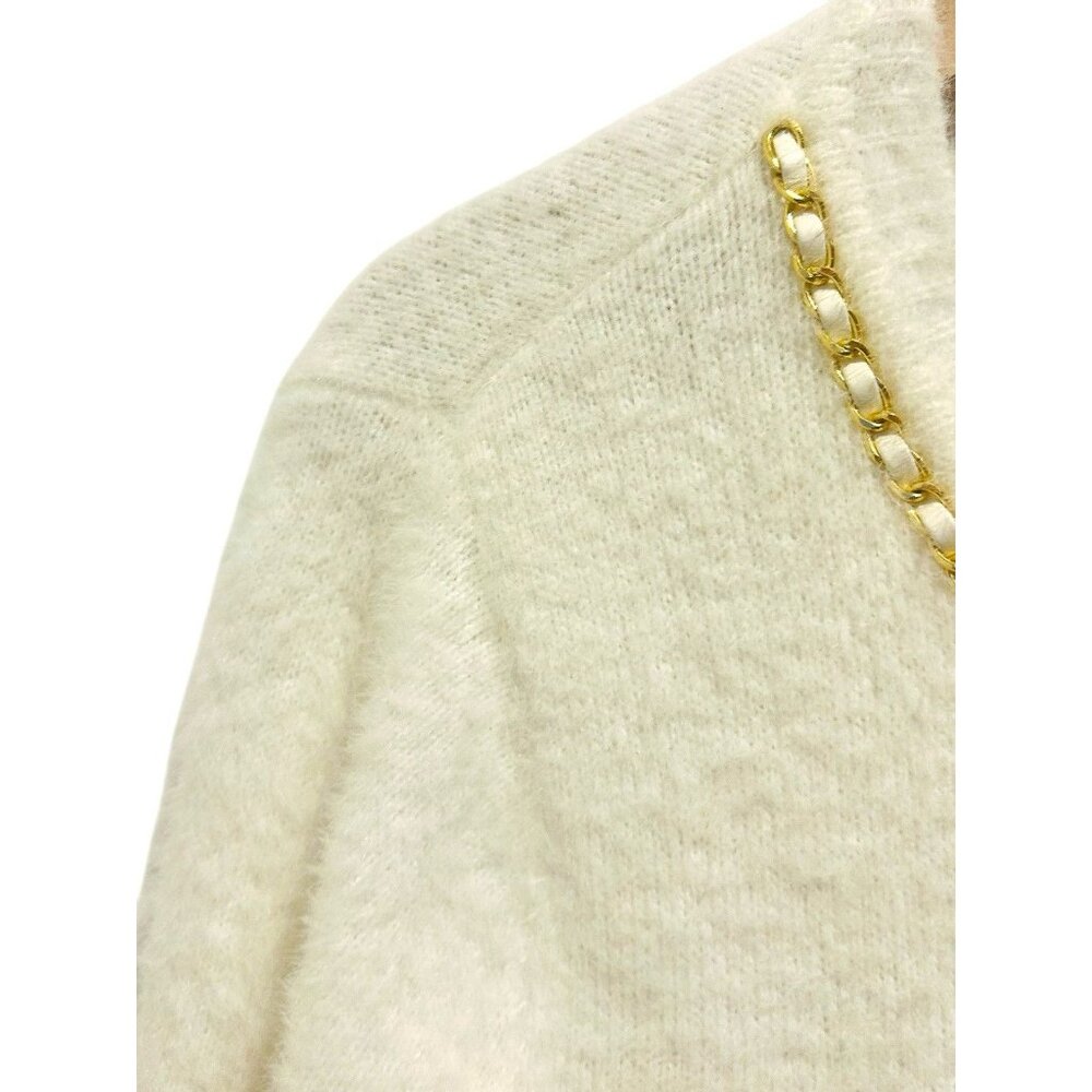 Nanette‎ Lepore Chain Trim Eyelash Cardigan Sweater White Gold Buttons Sz Medium - Picture 4 of 12